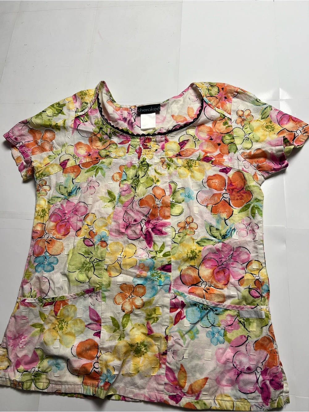Cherokee Floral Short Sleeve Women Small Tunic Top Pink Orange Yellow Green Blue